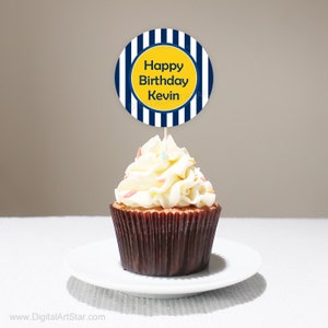 Navy and Yellow Cupcake Toppers Personalized, Birthday Party Decorations, Boy Baby Shower Decorations, Cupcake Picks Printable Editable B3 image 2