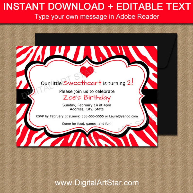 Red Zebra Valentines Day Invitations Kids Valentine Birthday Etsy
