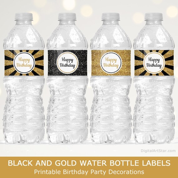 Black and Gold Water Bottle Labels Happy Birthday, Party Decorations ...