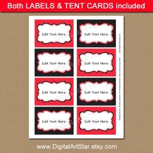 Editable Red Black Fancy Food Labels, Printable Buffet Cards, Tent ...
