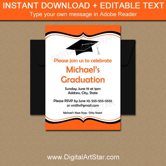 Orange and Black Graduation Invitation Template, High School Graduation Party Invitation Instant Download, College Graduation Download G1 Il_570xn