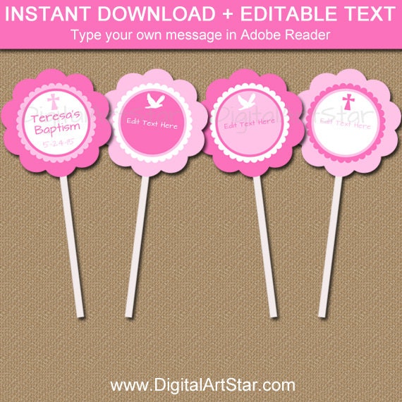 Pink Christening Cupcake Toppers, Girl Baptism Cupcake Picks, EDITABLE Baptism Stickers, First Communion Tags, Catholic Cupcake Toppers I1 Il_570xn