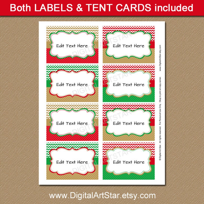 Printable EDITABLE Christmas Food Labels Red Green Gold Chevron Candy Buffet Labels Holiday Tent Cards, Place Cards INSTANT DOWNLOAD image 2