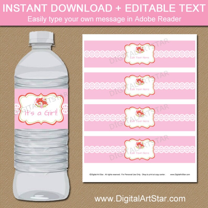 Woodland Baby Shower Water Bottle Labels Girl Fox Decorations Instant Forest Animals Bsgf