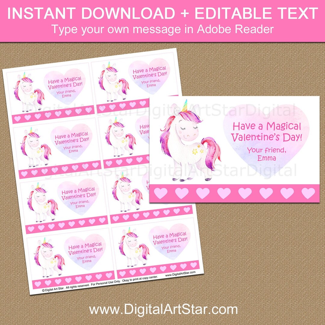 Printable Unicorn Valentines for Kids, School Valentine Cards ...