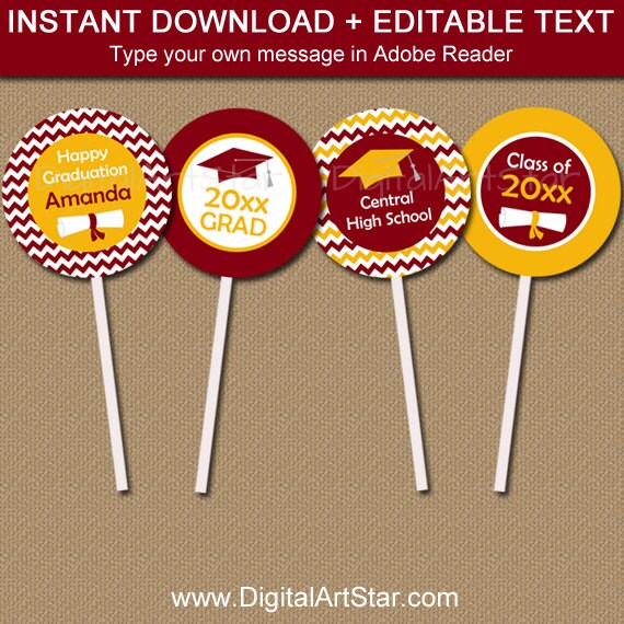 Burgundy and Gold Graduation Cupcake Toppers Editable Party Decorations Printable Template Cupcake Picks Graduation Party Ideas G3 Il_570xn