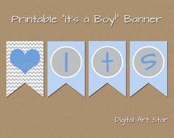Boy Baby Shower Decorations, Baby Boy Shower Banner, PRINTABLE Banner, Baby Shower Photo Prop, Its a Boy Banner, Blue Gray Baby Shower BB1