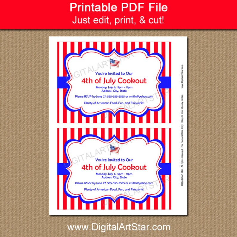 Patriotic Invitations Cookout Invites Printable 4th of - Etsy
