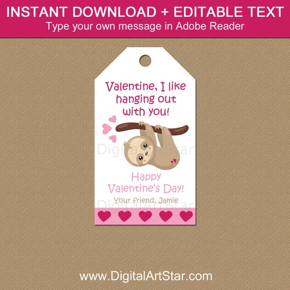 Download Valentines Day Tags For Kids Sloth Valentine Printable Tags Valentines Day Gift Tags Editable Valentine Tag Hang Tags Instant Download By Digital Art Star Catch My Party