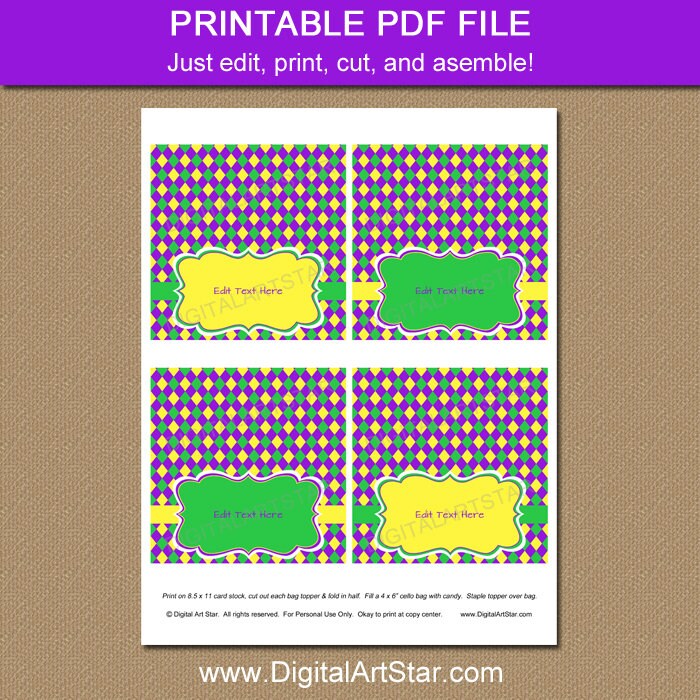 Mardi Gras Treat Bag Toppers Printable Mardi Gras Bag Toppers | Etsy