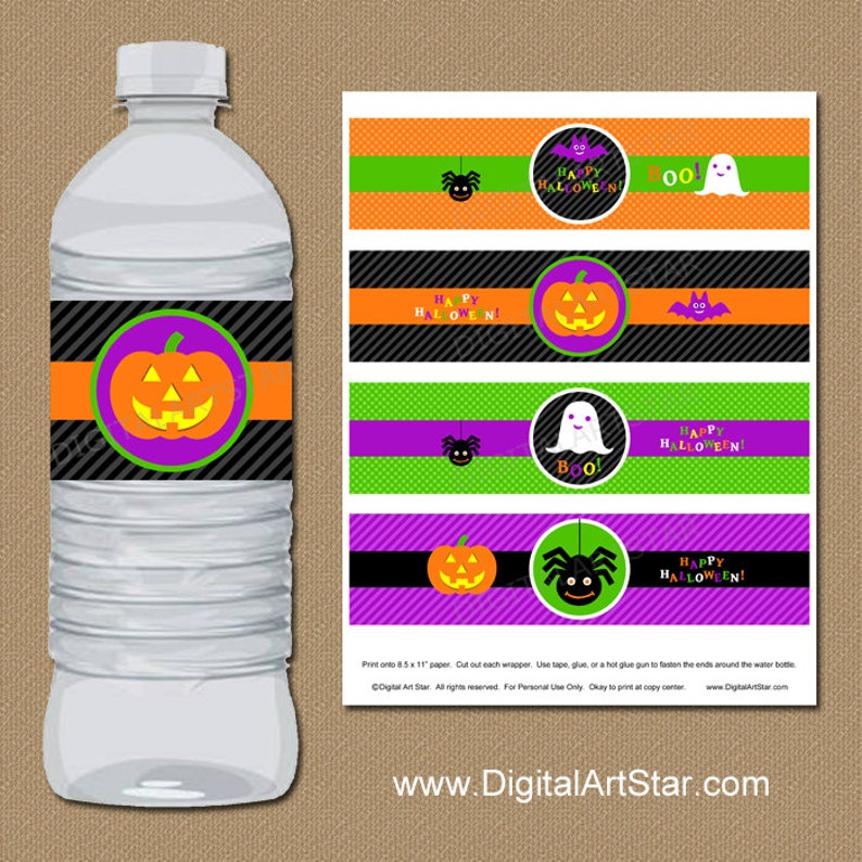 Halloween Water Bottle Labels INSTANT DOWNLOAD Water Bottle Wraps Water Bottle Stickers Printable Drink Labels Kids Halloween Party image 1