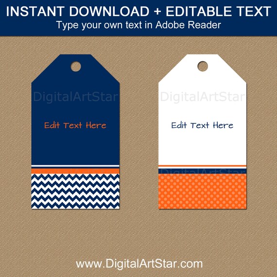 Navy and Orange Tags, Birthday Thank You Tags, Printable Tags, Editable Gift Tag, Boy Baby Shower Favor Tags, Personalized Birthday Tags B1 Il_570xn