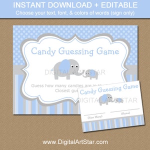 Elephant Candy Guessing Game Elephant Guess How Many Game Grey Blue Elephant Baby Shower Game Printable Baby Shower Activity EDITABLE image 1