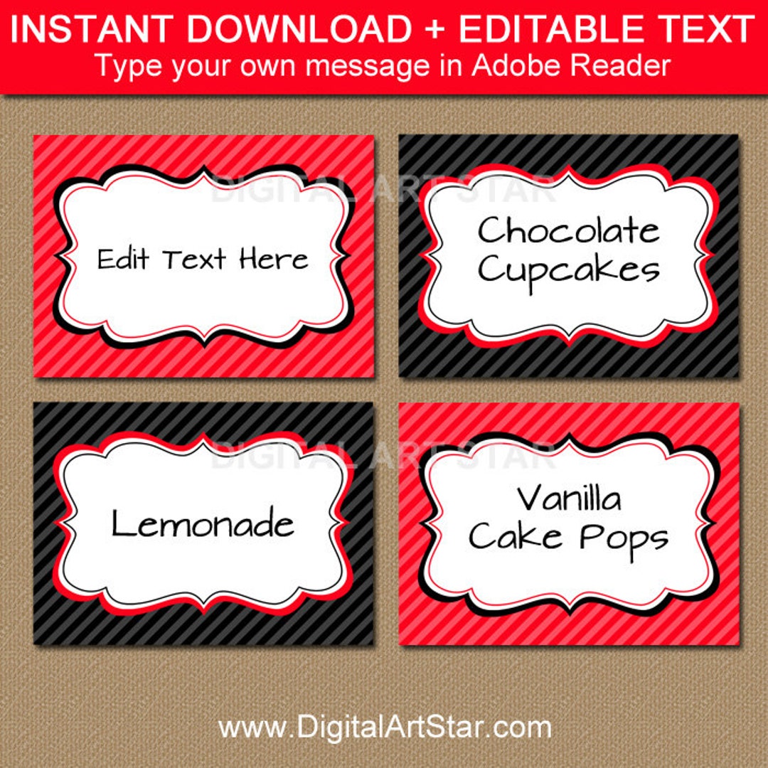 Editable Red Black Fancy Food Labels, Printable Buffet Cards, Tent ...