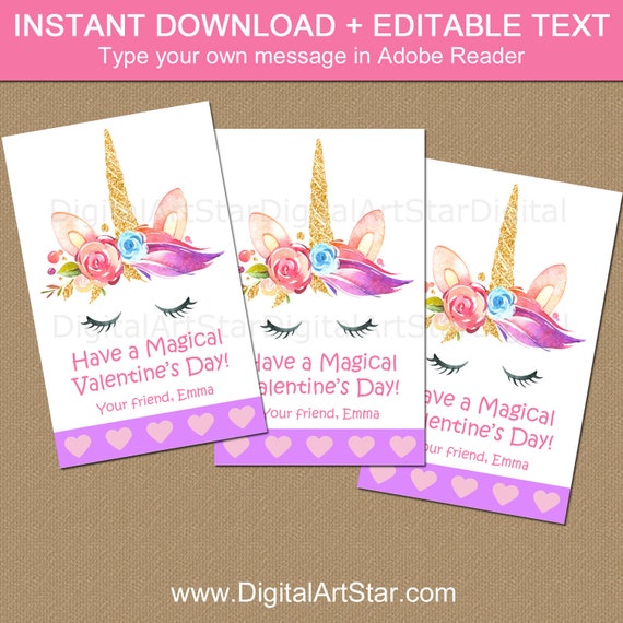 Unicorn Valentines Day Cards, School Valentines for Girls, Downloadable Valentines Cards for Kids, Valentine Stickers, Editable Valentine Il_570xn