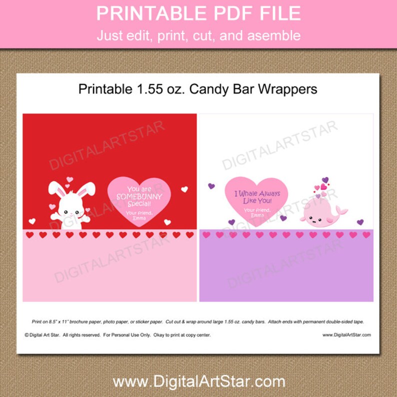 Kids Valentine Candy Bar Wrappers PRINTABLE Valentine Candy | Etsy