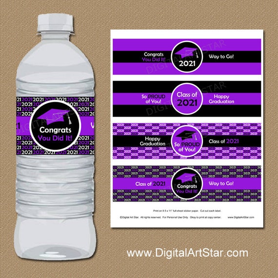 Purple and Black Graduation Water Bottle Labels, Senior 2021 Graduation Water Bottle Stickers, Downloadable Graduation Party Decorations G1 Il_570xn