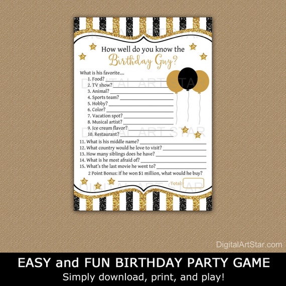 Black and Gold Birthday Party Game Printable, How Well Do You Know the Birthday Guy, Who Knows the Birthday Guy Best, Downloadable Game B4 Il_570xn