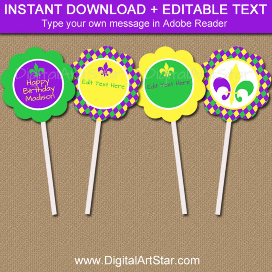Mardi Gras Cupcake Toppers Printable Mardi Gras Birthday Cupcake ...