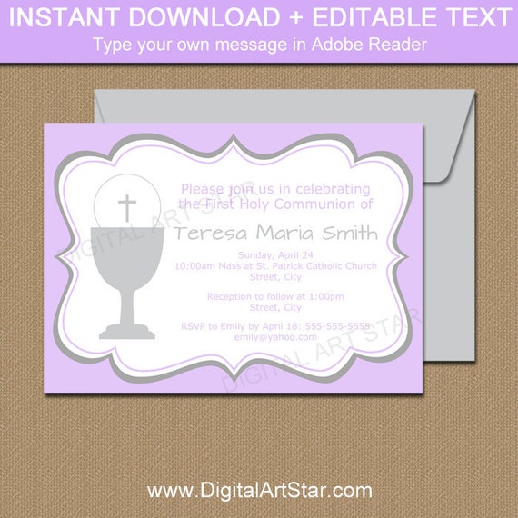 First Communion Invitation Lavender First Communion Invitation Girl