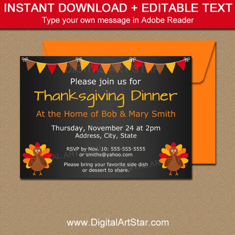 Thanksgiving Dinner Invitation Template Thanksgiving Chalkboard Invites Printable Turkey Invitations Thanksgiving Baby Announcement image 1