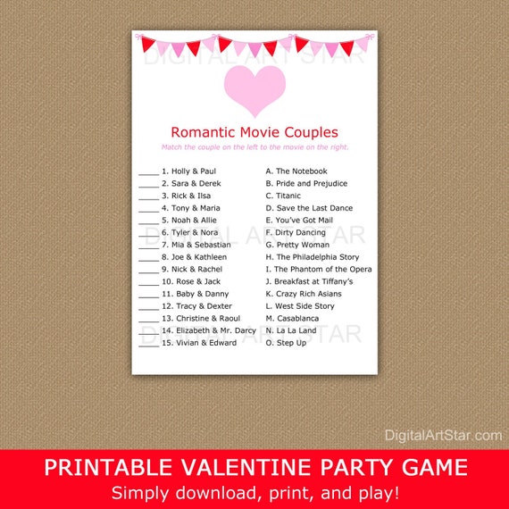 Romantic Movie Couples Match Game, Valentine's Day Party Games Printable, Galentine's Day, Girls Night Out, Ladies Night, Valentine Games V4 Il_570xn