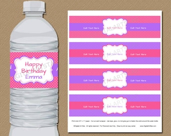 Pink and Purple Water Bottle Labels - DIY EDITABLE in Adobe Reader - Printable Birthday Party Water Labels - Baby Shower Bottle Wraps