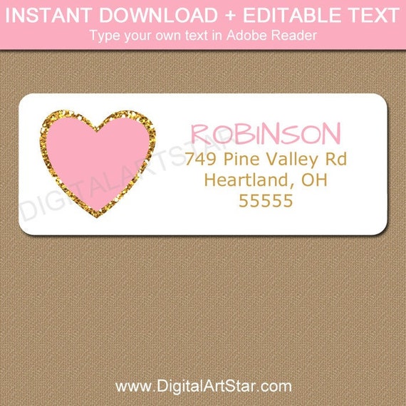Heart Address Label Template, Pink and Gold Return Address Labels