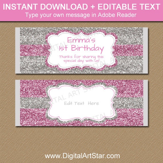 First Birthday Candy Bar Wrappers, Chocolate Bar Wrapper, Pink Silver Glitter Labels, DIY Baby Shower Favors, 1st Birthday Party Favors B5 Il_570xn