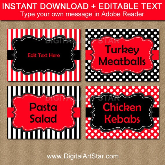 Red and Black Candy Buffet Labels, Food Tags, Place Cards Printable, Tent Cards, Editable Labels, Edit Food Labels, Birthday Candy Buffet B3 Il_570xn