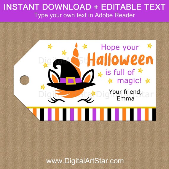 Halloween Unicorn Party Favor Tags - Girl Halloween Tags - Kids Halloween Gift Tags Printable - Editable Halloween Tags Template Download Il_570xn