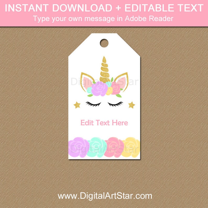 unicorn thank you tags printable editable birthday tags etsy