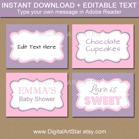 Pink Lavender Printable Buffet Cards, Tent Cards, Buffet Labels - Bridal Shower Labels, Baby Shower Food Labels - Instant Download PDF Il_570xn