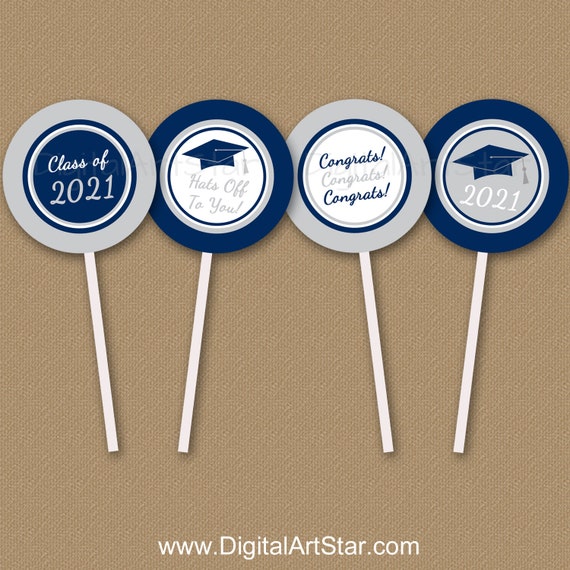 Graduation Party Decorations 2021, Printable Graduation Cupcake Toppers Navy Blue and Silver, Graduation Cupcake Picks Instant Download G2 Il_570xn
