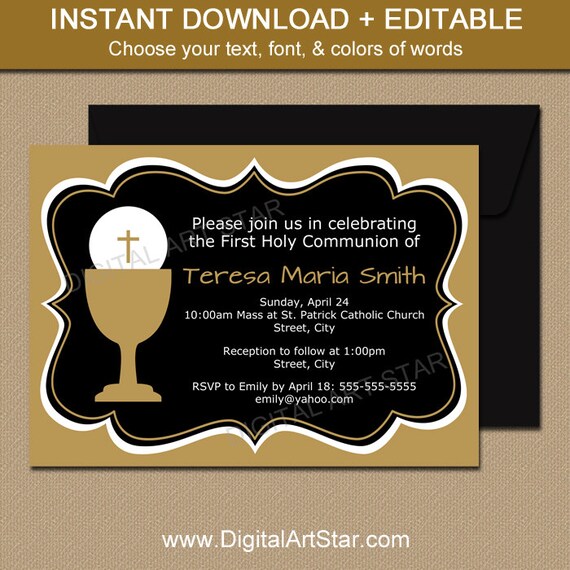 First Communion Invitations in Black & Gold - First Holy Communion Invitation Template - EDITABLE 1st Communion Invites - Instant Download Il_570xn