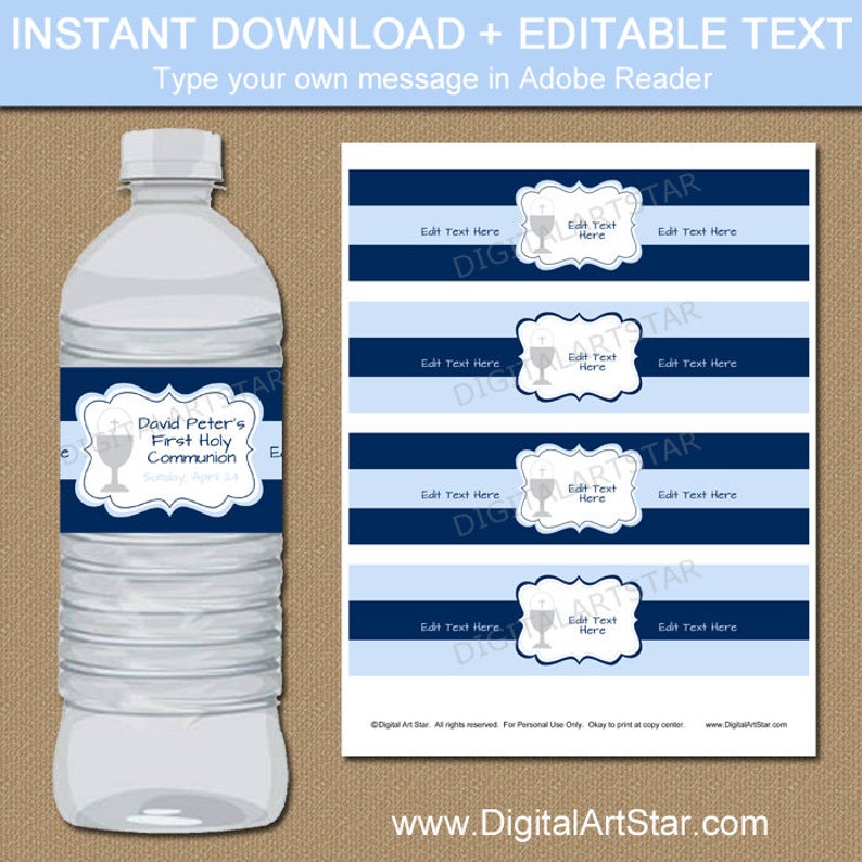 Boy First Holy Communion Party Decorations, Blue 1st Communion Water Bottle Labels Instant Download, PRINTABLE Water Bottle Stickers FC1 image 1