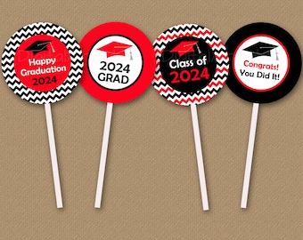 Graduation Cupcake Toppers 2024, Red and Black Graduation Decorations 2024 High School, Graduation Cupcake Picks, Graduation Printables G3