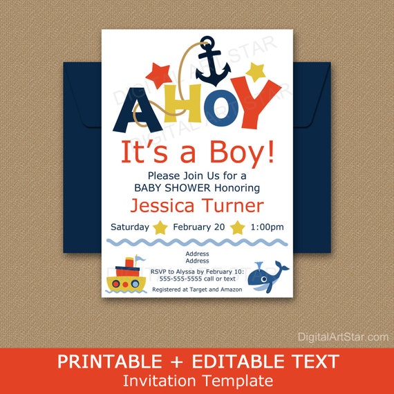 Ahoy Its a Boy Invitation, Nautical Baby Shower Invitation Template - Nautical Printables, Invitation Downloadable, Boy Baby Shower Theme N2 Il_570xn