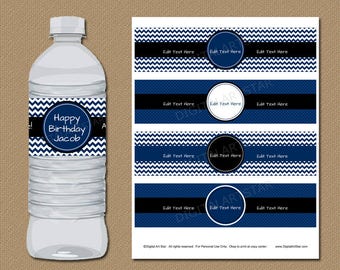 Printable Birthday Water Bottle Labels, Boy Birthday Party Decorations, Boy Baby Shower Water Bottle Wraps Template, Navy Black Chevron B1