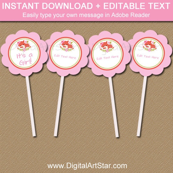 Instant Download Woodland Cupcake Toppers Printable Girl Baby