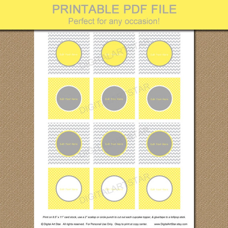 Yellow Gray Baby Shower Cupcake Toppers Printable Chevron Etsy