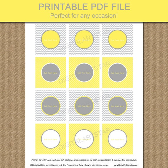 Yellow Gray Baby Shower Cupcake Toppers Printable Chevron - Etsy