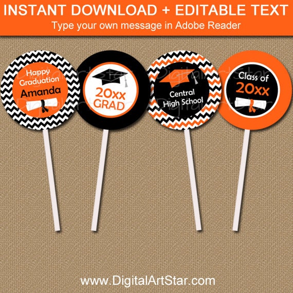 Orange and Black Graduation Cupcake Toppers Printable 2021 Graduation Party Decor EDITABLE Graduation Cupcake Picks Digital Download G3 Il_570xn