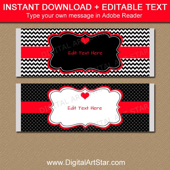 Valentines Day Chocolate Bar Wrappers, Printable Candy Bar Wrappers, Red Black Valentine Party Favors, EDITABLE Valentine Gift Idea V1 Il_570xn
