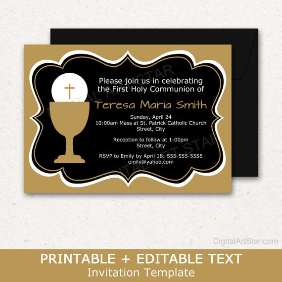 First Communion Invitations Black and Gold - First Holy Communion Invitation Template - EDITABLE 1st Communion Invites - Digital Invite FC1 Il_570xn