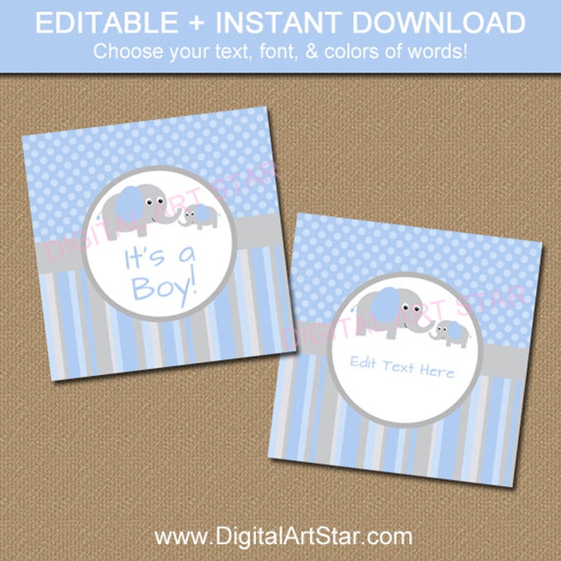 Elephant Party Favor Tags Baby Shower Tags Downloadable Elephant Tags EDITABLE Template Blue Grey Tags Elephant Baby Shower image 1