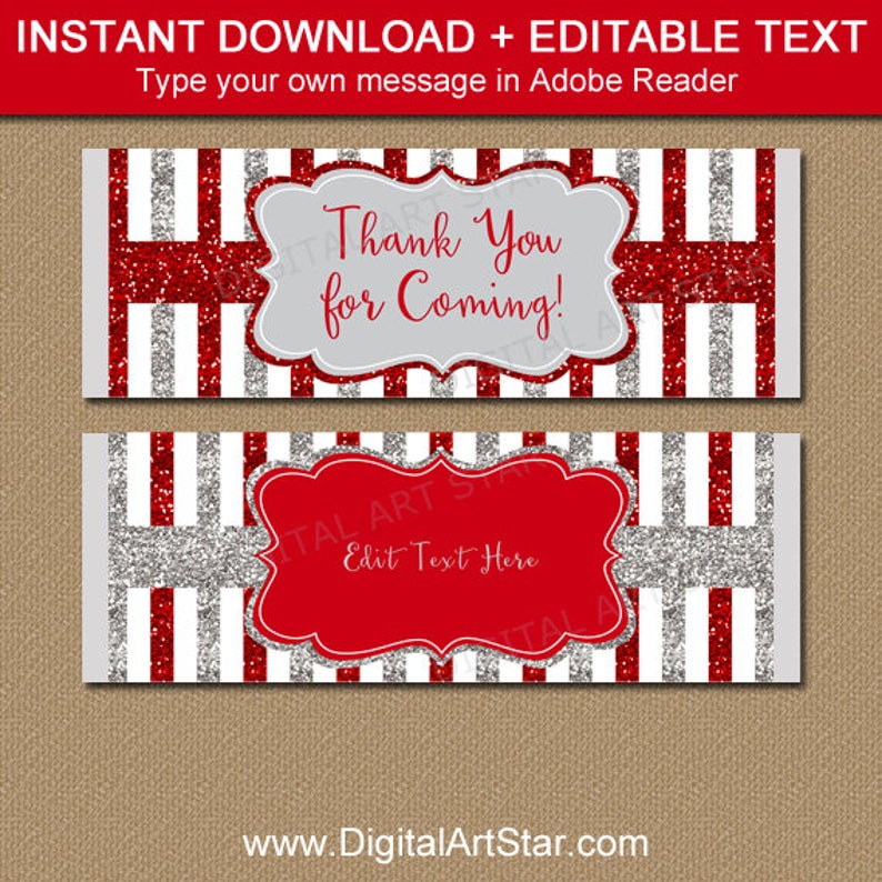 Candy Bar Wrapper Template Wedding Red and Silver Party Favors, Printable Birthday Candy Wrappers, Christmas Chocolate Bar Wrappers B4 image 1