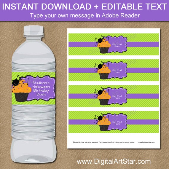 Halloween Birthday Party, Girl Halloween Water Bottle Labels, Kids Halloween Party Decorations, Printable Water Bottle Sticker Template HC Il_570xn