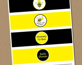 Bumble Bee Water Bottle Labels - DIY Printable Baby Shower Water Wrappers - Yellow Black - INSTANT DOWNLOAD