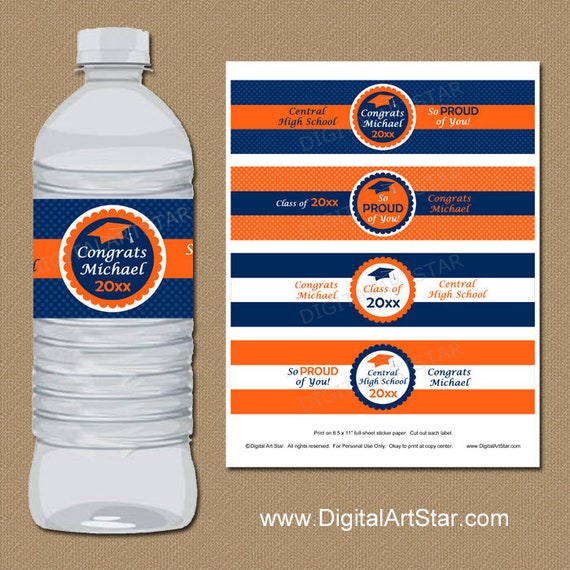 Navy Blue and Orange Graduation Decorations 2021, Water Bottle Labels Graduation, College Graduation Water Bottle Stickers Printable G6 Il_570xn